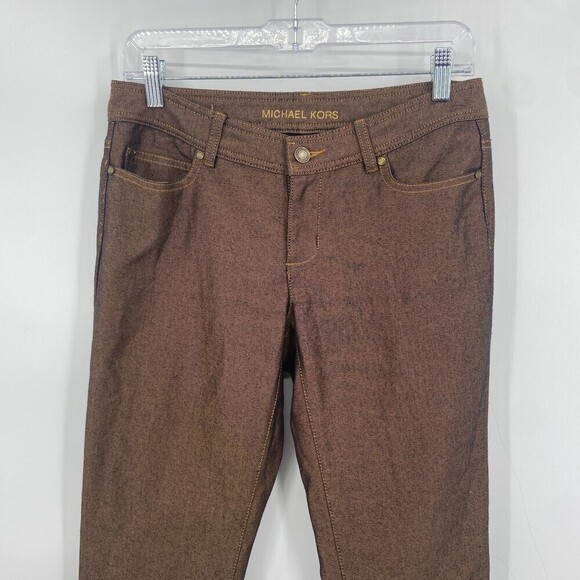 MICHAEL KORS Bronze Gold Shimmer Metallic Mid Rise Stretch Skinny Pants Size 4 - Picture 3 of 8
